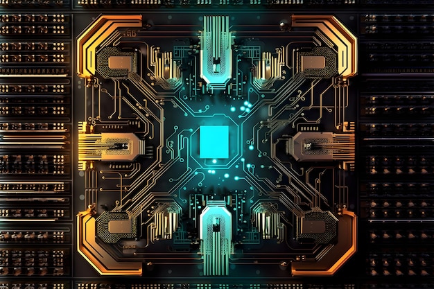 2D circuit board plan with neon glow view from top