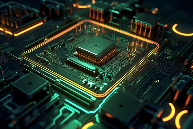 2D circuit board plan with neon glow view from top