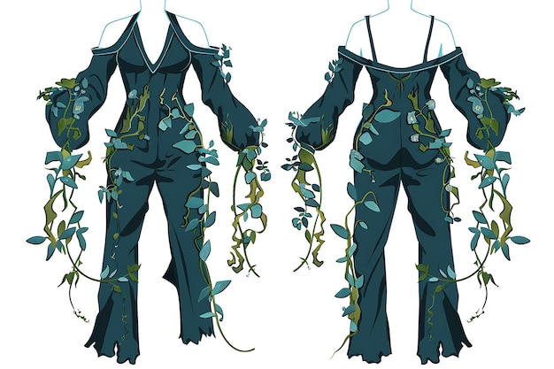 2D Clothes Jumpsuit With Embroidered Hanging Gardens Silhouette Fashion Concept Idea Art Design