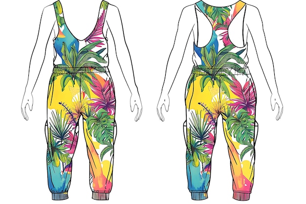 2D Clothes Jumpsuit With Tropical Jungle Scenes on Torso and Li Fashion Concept Idea Art Design