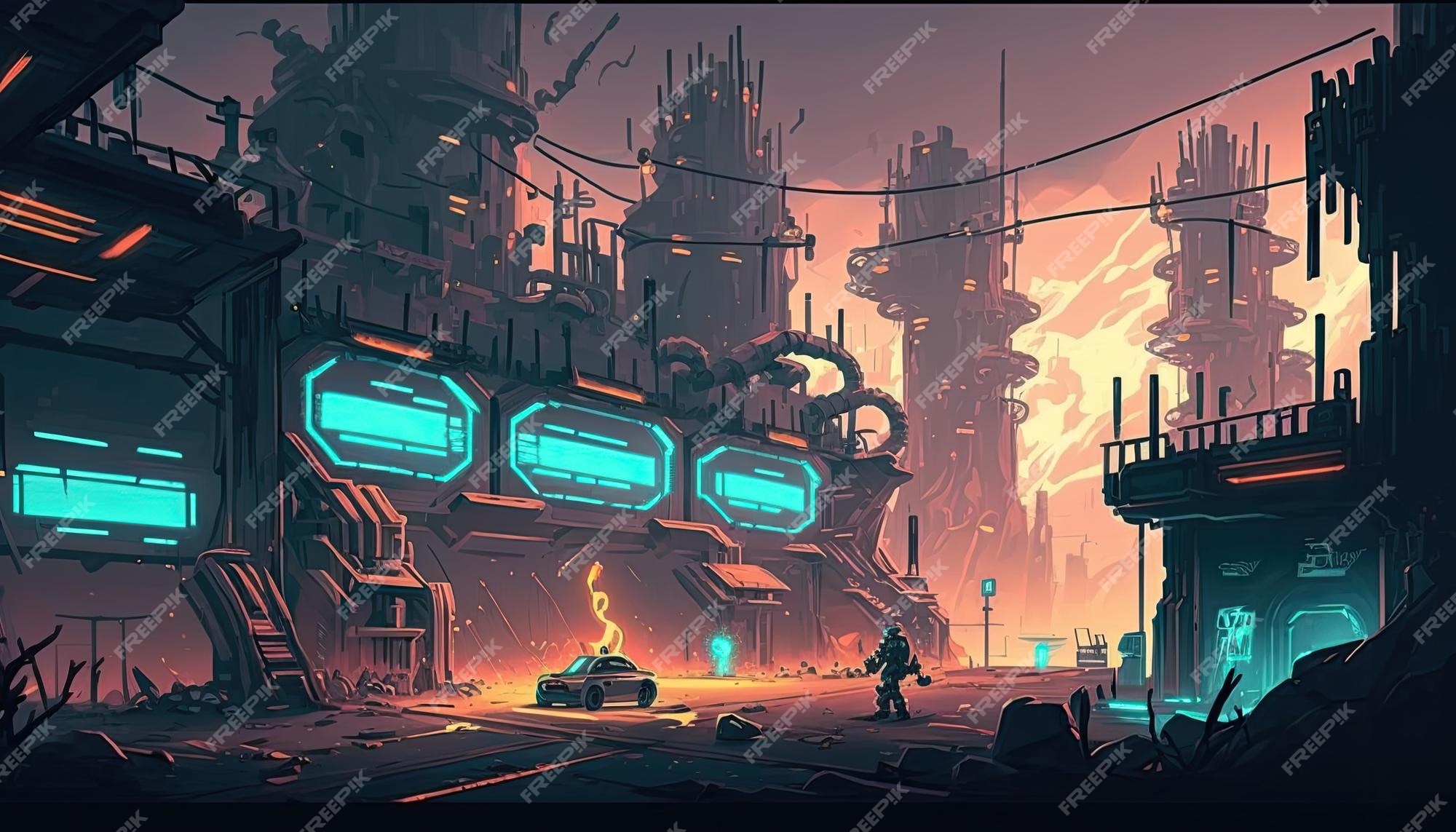 Premium Photo  2d cyberpunk city background environment for a battle arena  mobile game generative ai