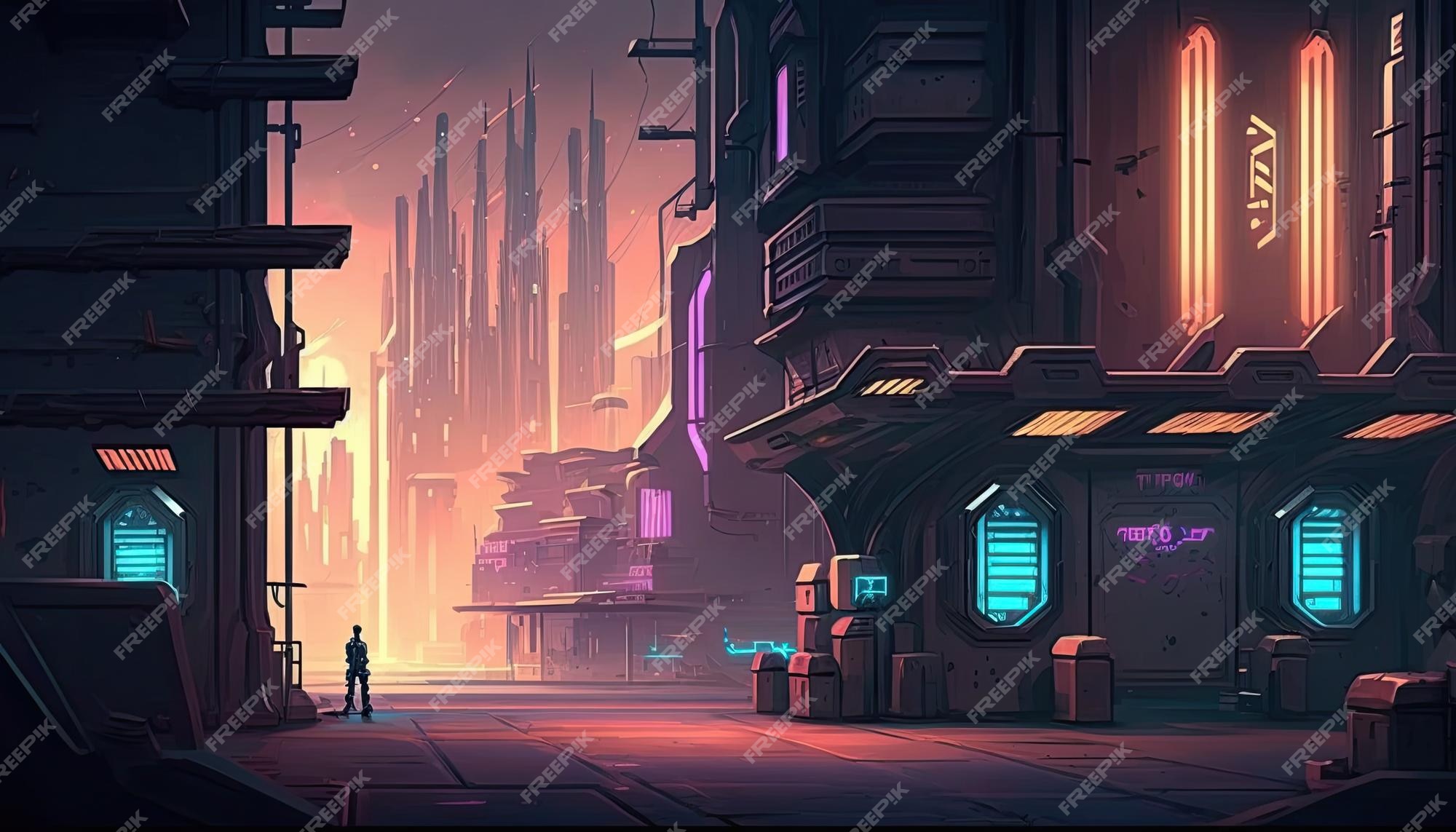 Premium Photo  2d cyberpunk city background environment for a battle arena  mobile game generative ai