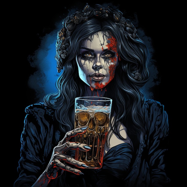 2d drawing of a skull holding a glass of beer