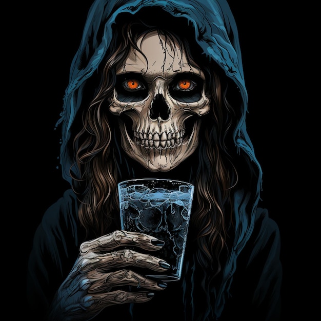 맥주 한 잔 을 들고 있는 두개골 의 2차원 그림