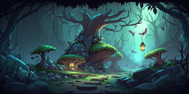 2D Enchanted Forest-achtergrondomgeving voor een mobiel spel in een gevechtsarena Generatieve ai