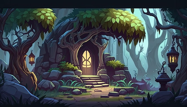 2D Enchanted Forest background environment for a battle arena mobile game Generative ai