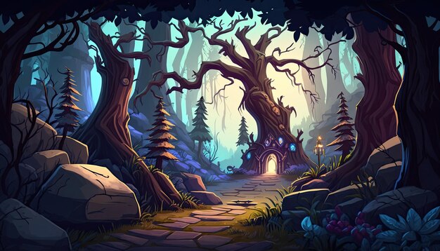 Фоновая среда 2D Enchanted Forest для мобильной игры на боевой арене Generative ai