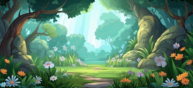 2d The filled with colorful flowers park cartoon illustration generative ai
