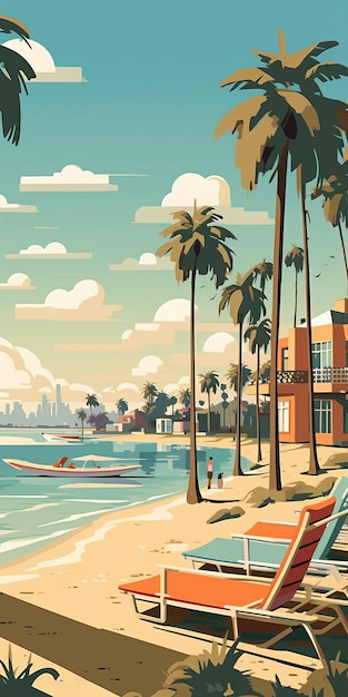 2d Flat Illustration Of Long Beach Scene Without Watermark