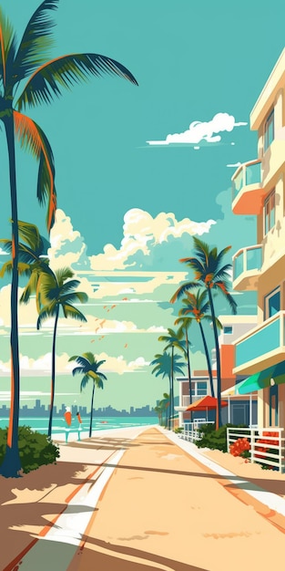 マイアミビーチのシーンの 2d フラット イラスト