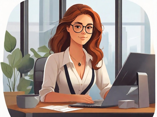 2D flat illustrationA joyful businesswoman wearing glasses works at an office A young and gorgeous female employee is working on a new laptop Trendy vector style Flat vector illustration