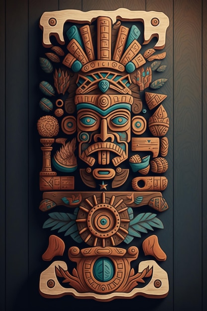 2D flat Mayan totem plank daytime backgroundGenerative AI