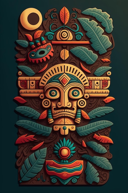 2D flat Mayan totem plank daytime backgroundGenerative AI