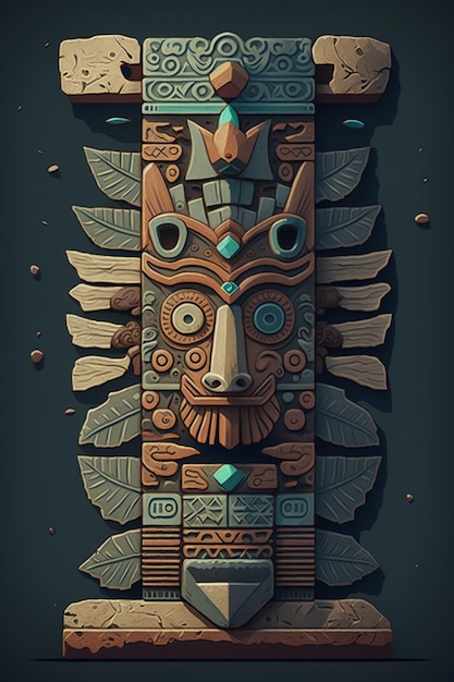 2D flat Mayan totem plank daytime backgroundGenerative AI