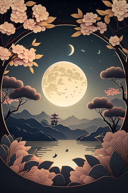 2Dフラット中秋節満月の背景