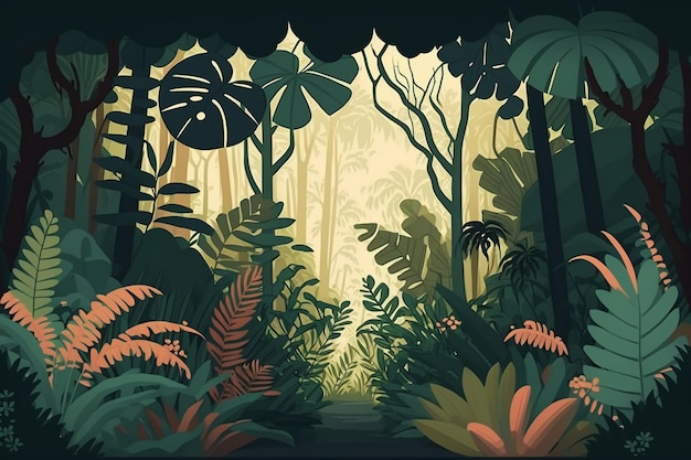 Photo 2d flat tropical forest backgroundgenerative ai