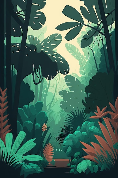 Photo 2d flat tropical forest backgroundgenerative ai