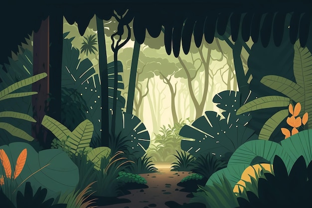 2D плоский тропический лес backgroundGenerative AI