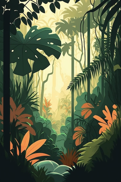 2D плоский тропический лес backgroundGenerative AI