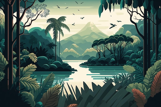 2D flat Tropical forest and lake backgroundGenerative AI