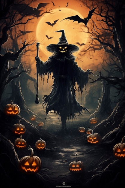 2d Halloween-heks die in bezemstok vliegt, donkere griezelige achtergrondskeletten die bomen lopen zonder