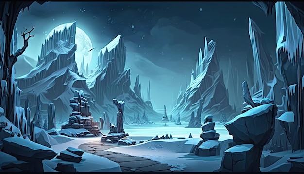 2D Ice Snow background environment for a battle arena mobile game Generative ai