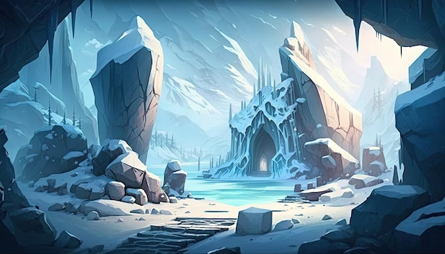 2D Ice Snow background environment for a battle arena mobile game Generative ai