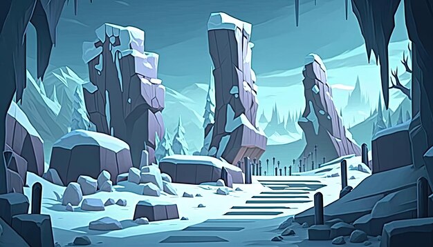 Photo 2d ice snow background environment for a battle arena mobile game generative ai