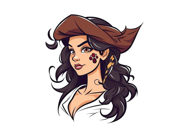 2d illustration of a beautiful pirate girl queen woman female cartoon flat style simple logo badge Generative AIxA