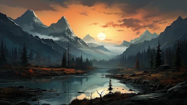 2D Illustration Canadian Wilderness Mountains Digital