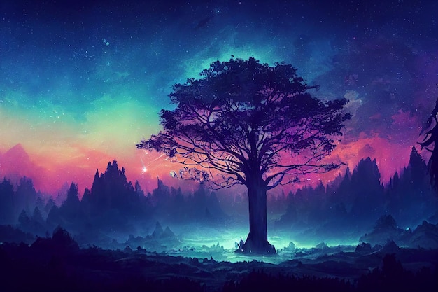 2D Illustration fantasy of neon forest on beautiful sky Glowing colorful look like fairytale