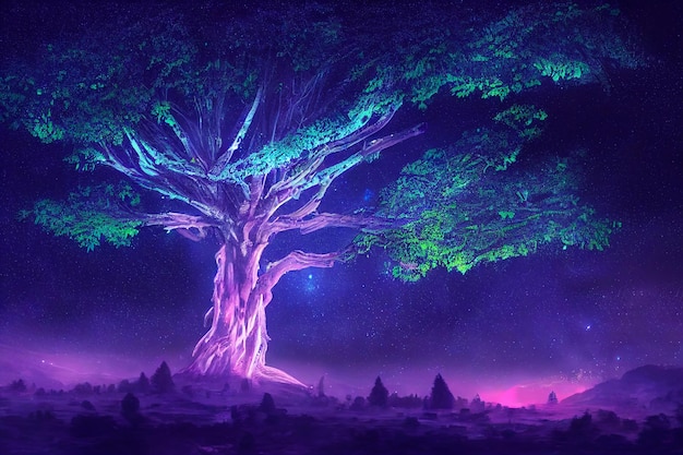 2D иллюстрационная фантазия неонового леса на красивом небе Светящийся красочный вид, похожий на сказку