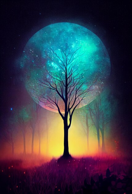 2D Illustration fantasy of neon forest on beautiful sky Glowing colorful look like fairytale