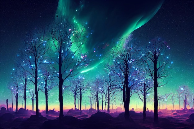 2d illustration fantasy of neon forest on beautiful sky.\
glowing colorful look like fairytale.