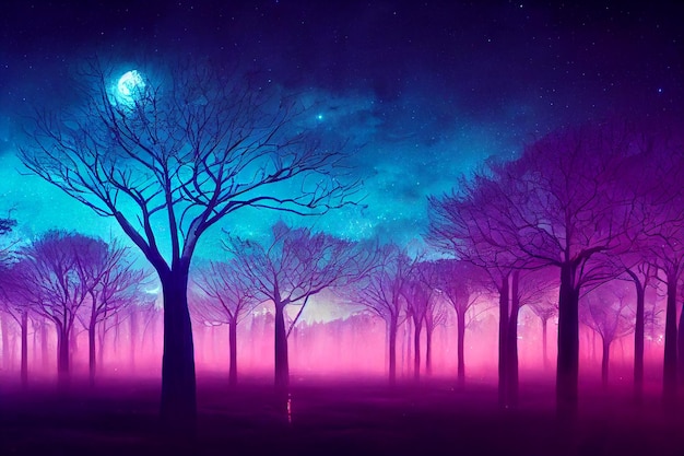 2d illustration fantasy of neon forest on beautiful sky.\
glowing colorful look like fairytale.