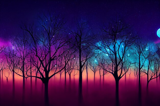 2d illustration fantasy of neon forest on beautiful sky.\
glowing colorful look like fairytale.