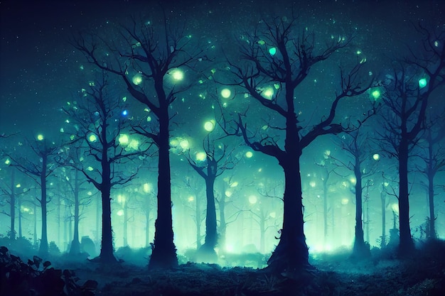 2D Illustration fantasy of neon forest on beautiful sky. Glowing colorful look like fairytale.