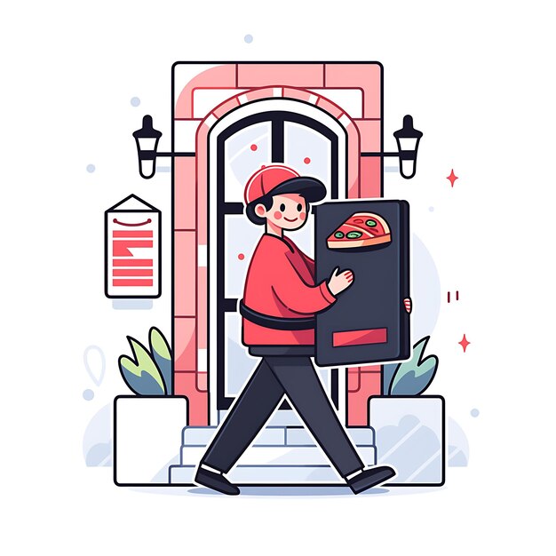 Photo 2d illustration icon full color a doorstep with pizza being delivered by delivery man