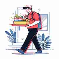 Photo 2d illustration icon full coloran illustration of a doorstep with a delivery man