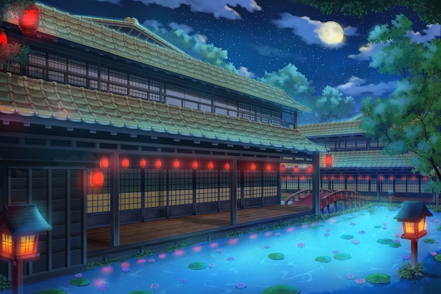 Фото 2d иллюстрация фэнтези традиционного японского дома в ночное время.