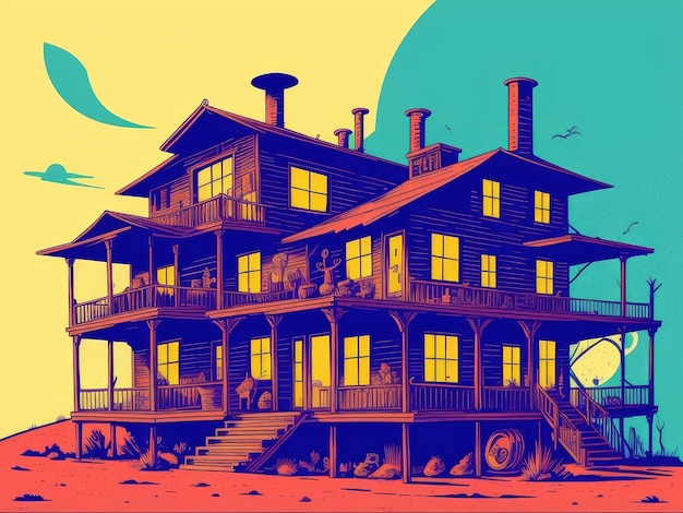 2D illustration An old house in the desert