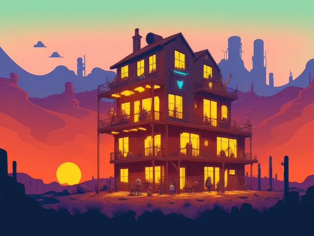 2D illustration An old house in the desert