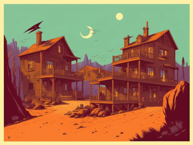 2D illustration An old house in the desert