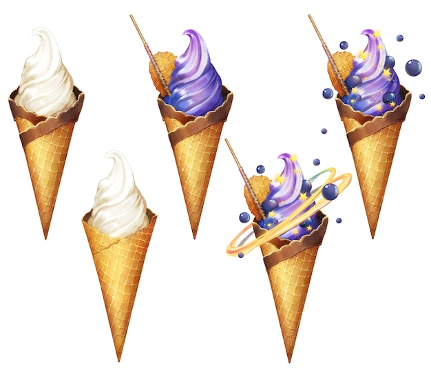 2D illustration painting of ice cream waffle cone soft serve anime food style