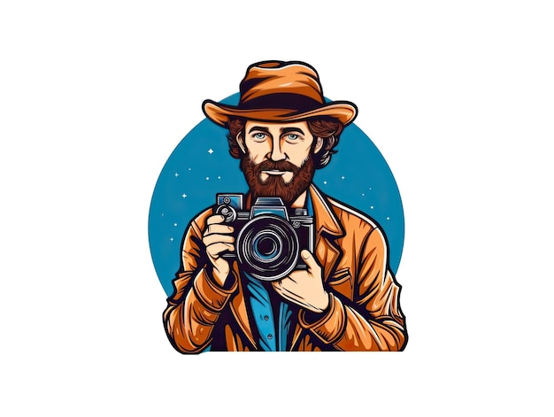 Photo 2d illustration of a photographer camera man male cartoon flat style simple logo badge generative ai