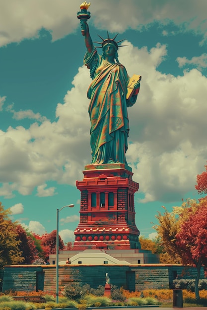 A 2D illustration of the Statue of Liberty in a vibrant lush park setting AI Generated