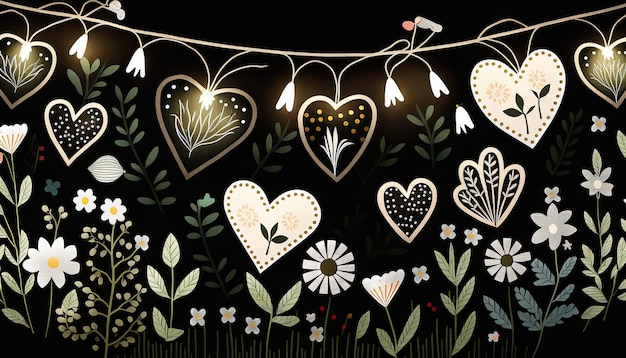 2d illustration of Valentine's Day Background made with leaves flowers and hearts etc