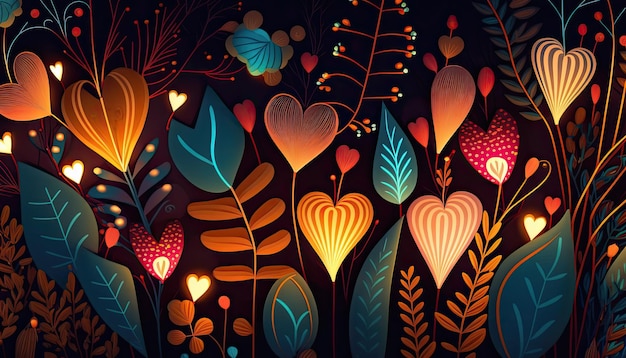 2d illustration of Valentine's Day Background made with leaves flowers and hearts etc