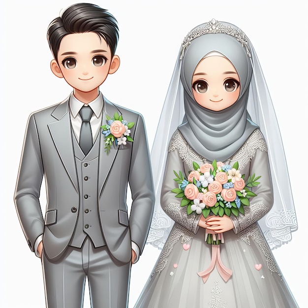 2D-иллюстрация с акварельным стилем дизайна милой мусульманской свадебной пары