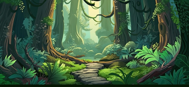 2d lush forest The trees are covered in leaves and new growth cartoon illustration generative ai